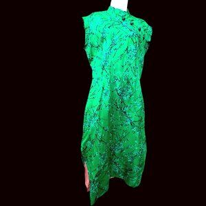 1950s Wiggle Dress Women L Green Floral Satin Chinese Collar Metal Zipper